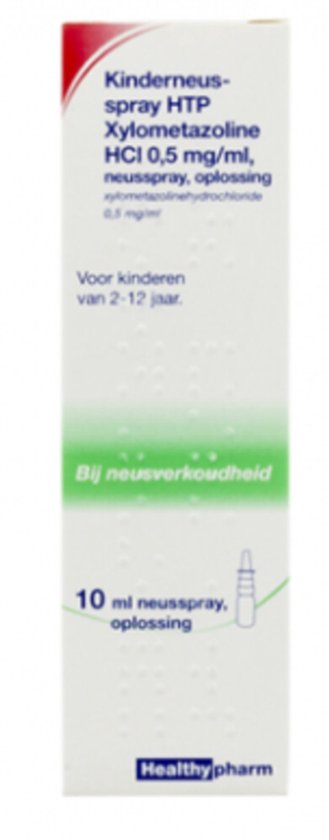 Verpakking kinder neusspray HTP Xylometazoline HCl 0,5 mg/ml. Voor kinderen van 2-12 jaar.