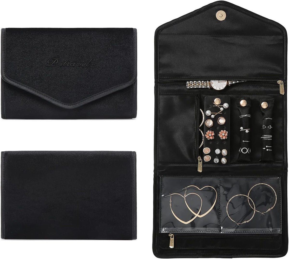 Famanu - Sieraden Rolls - Reizen Sieraden Organizer Roll - Opvouwbare Sieraden Case - Vrouwen Sieraden Opbergtas voor Kettingen - Oorbellen - Armbanden - Horloges - Broches VanFn Series (Velvet-Zwart)