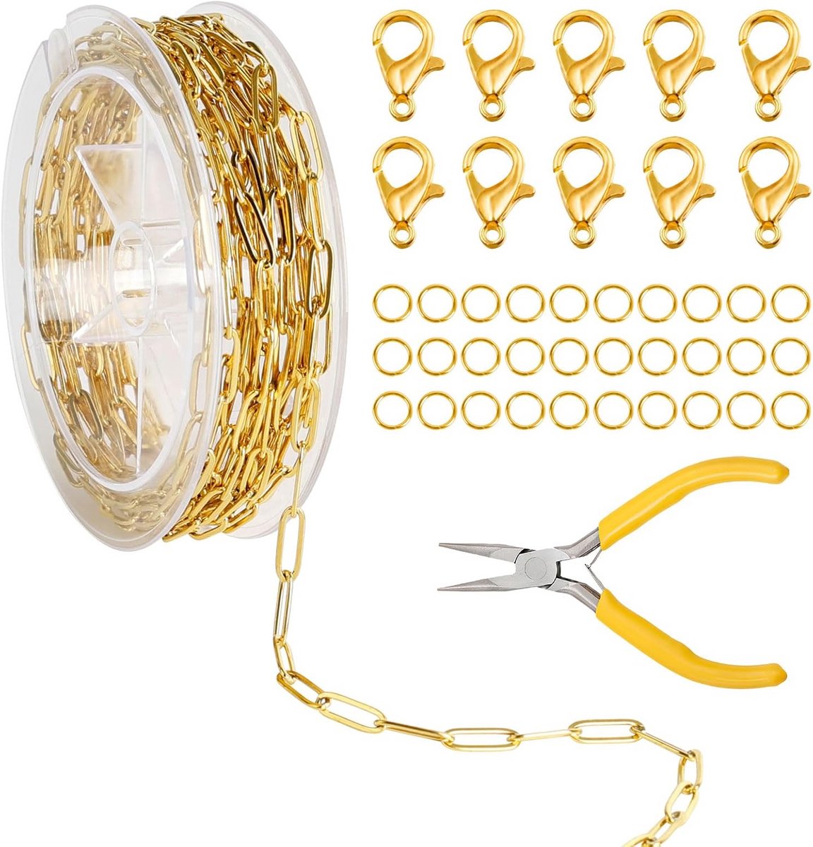Roestvrijstalen Ketting Pakket 3,6m - DIY Sieraden Maken met 10 Karabijnsluitingen en 30 Springringen - Goudkleurig