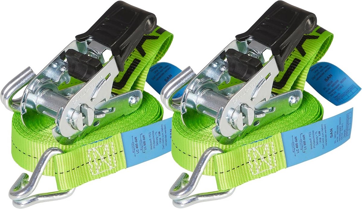 2x Spanbanden 6 Meter Set - 25mm Breed Ratel Sjorband met Haken - LC 400 daN - DIN Standaard - Neongroen
