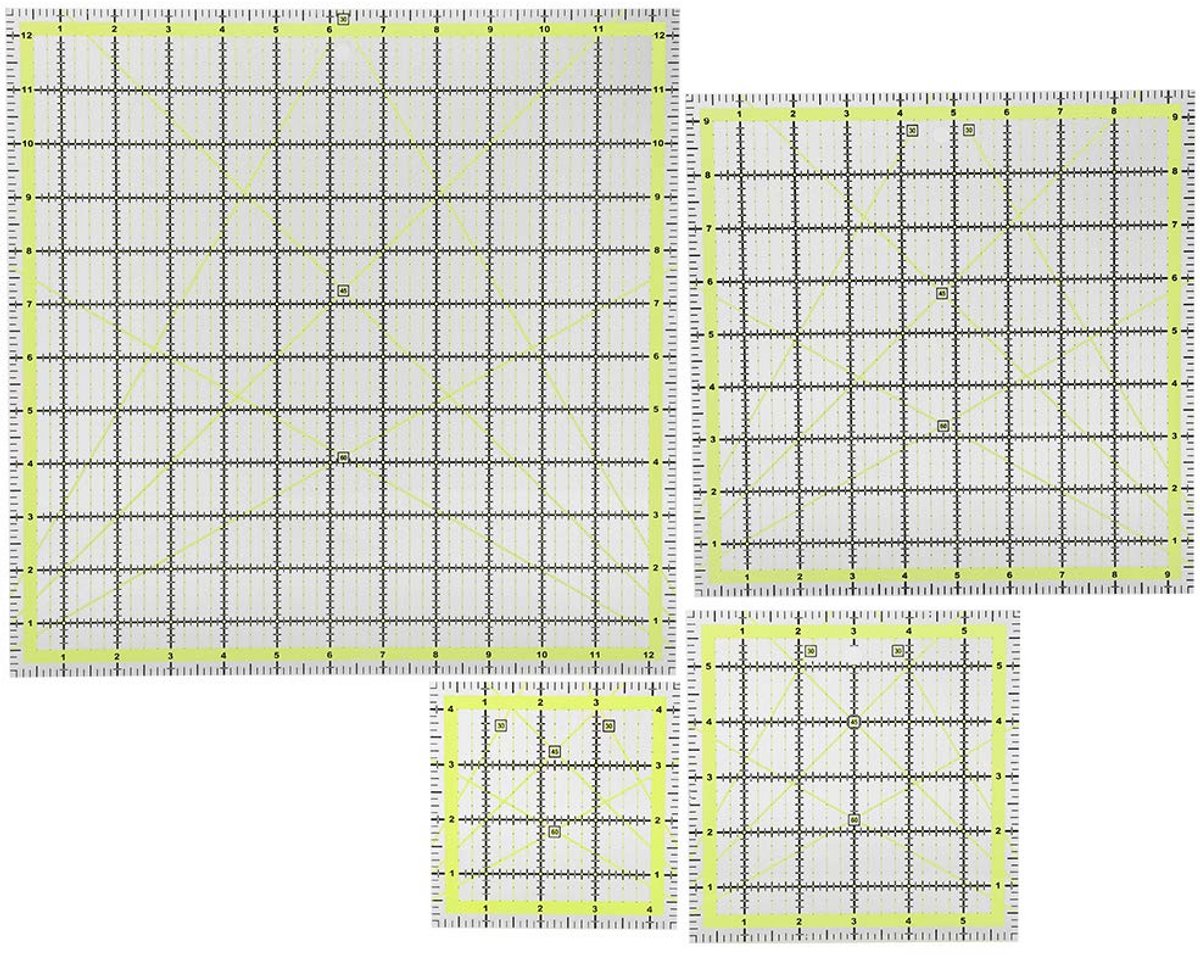 Set acryl patchwork linialen voor quilten en knutselen, 4 maten inclusief rasterlijnen en rolsnijder