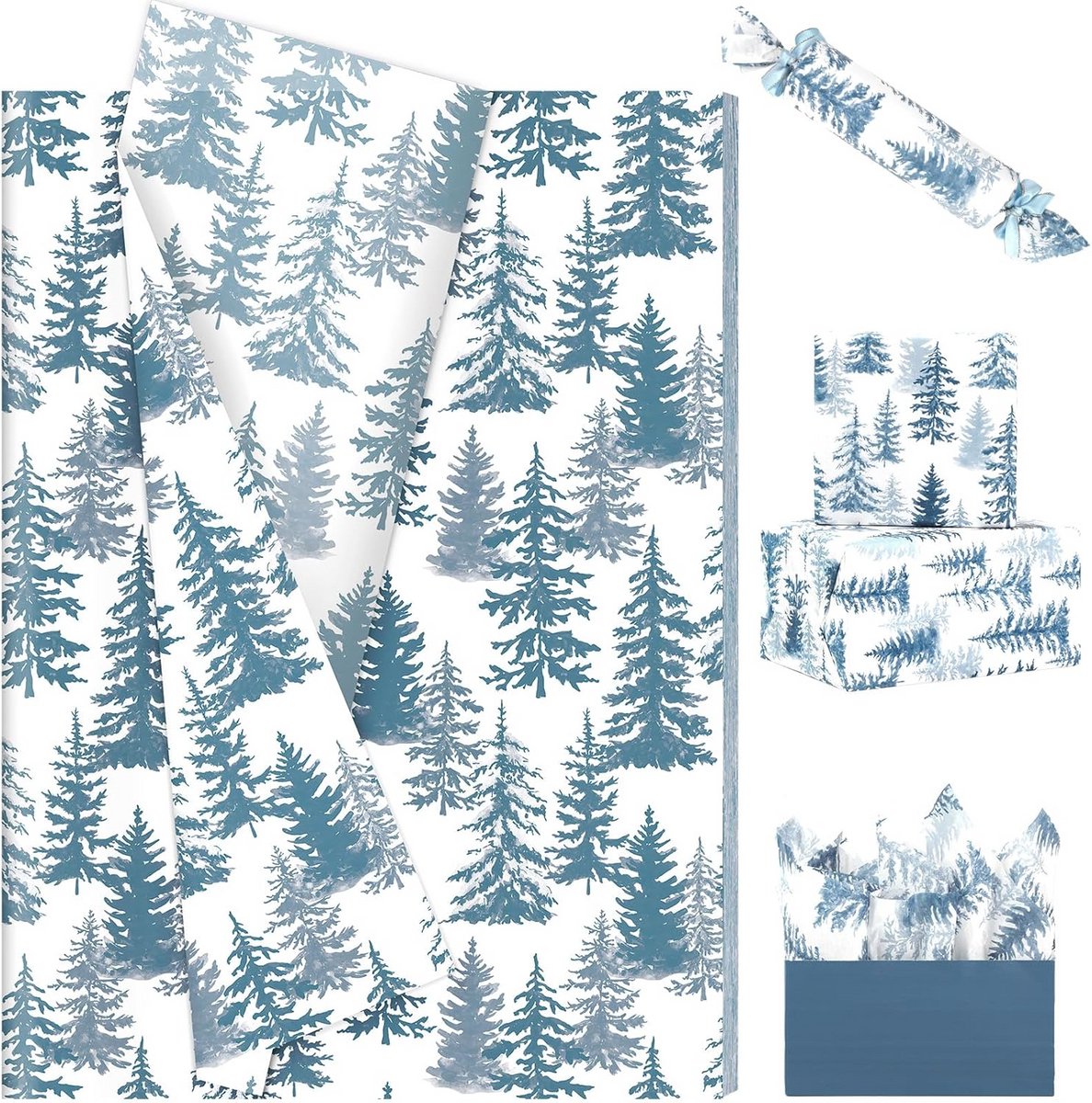 100 Vellen Kerst Inpakpapier Blauw Waterverf Dennenboom Motief - 50x35 cm Geschenkpapier