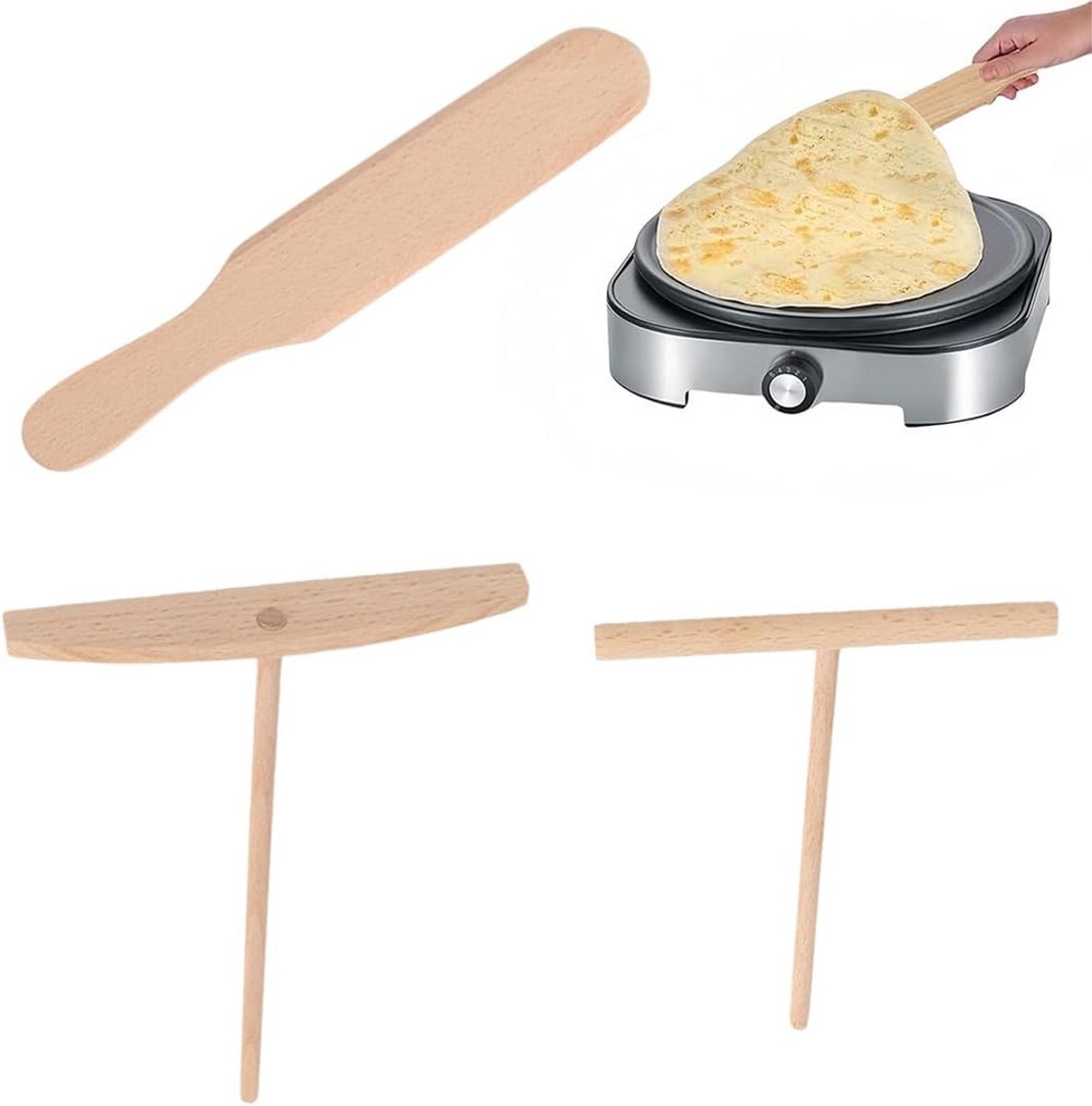 Houten Crêpesverdeler Set - 3 Delig - T-Vormig Verdeler voor Gelijkmatig Beslag