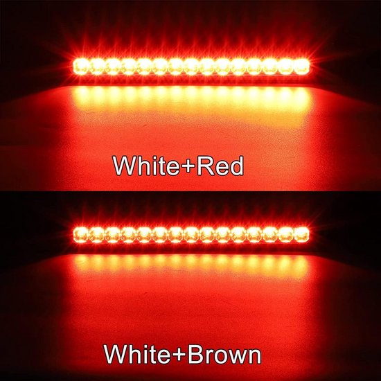 Twee rode LED-lichtbalken die verlichting tonen: de bovenste met witte en rode LED's, de onderste met witte en bruine LED's.