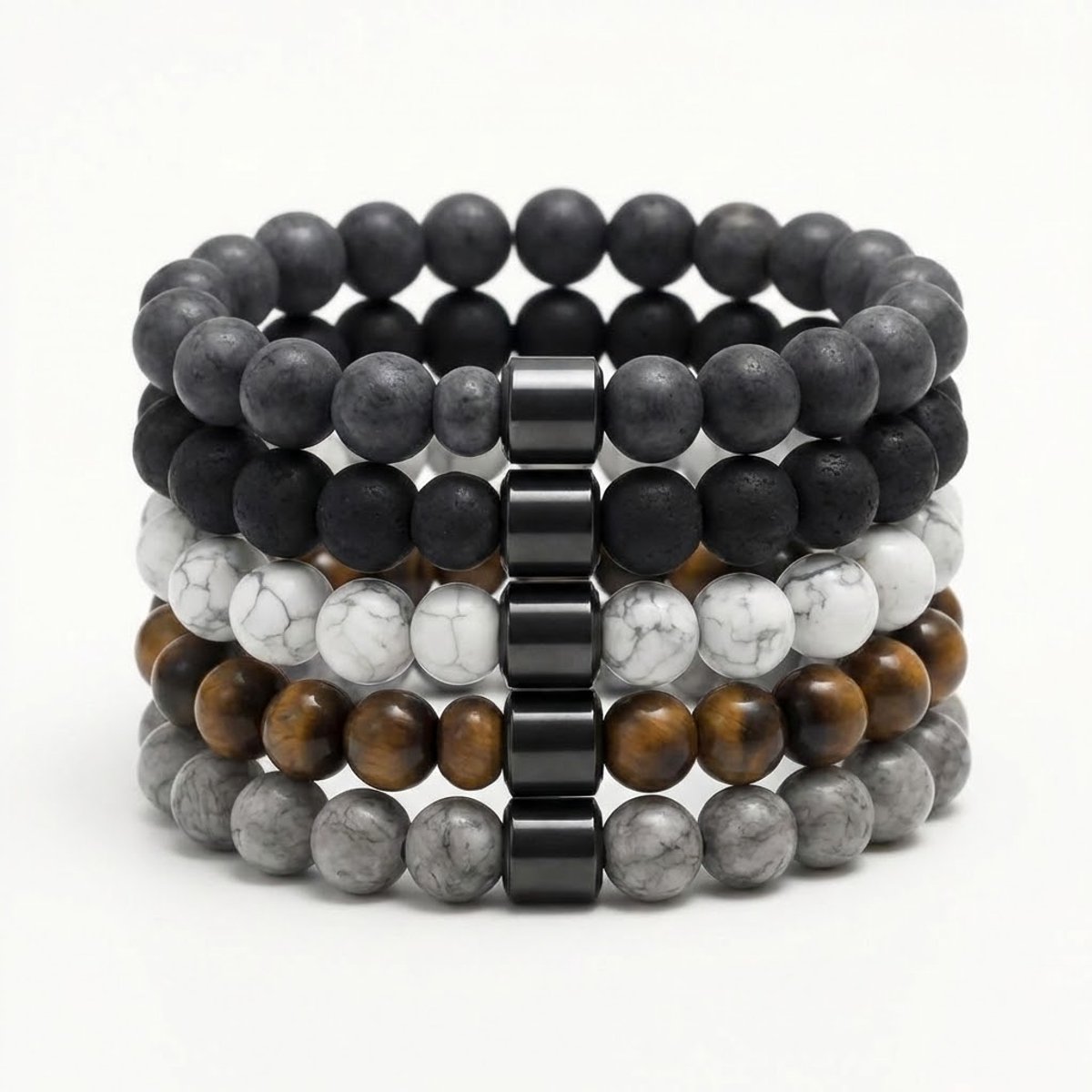 5-delige Natuurstenen Armbanden set – Voor heren en dames Elastische Kralenarmbanden – Handgemaakt – Lava, Howliet, Tijgeroog & Marmerlook