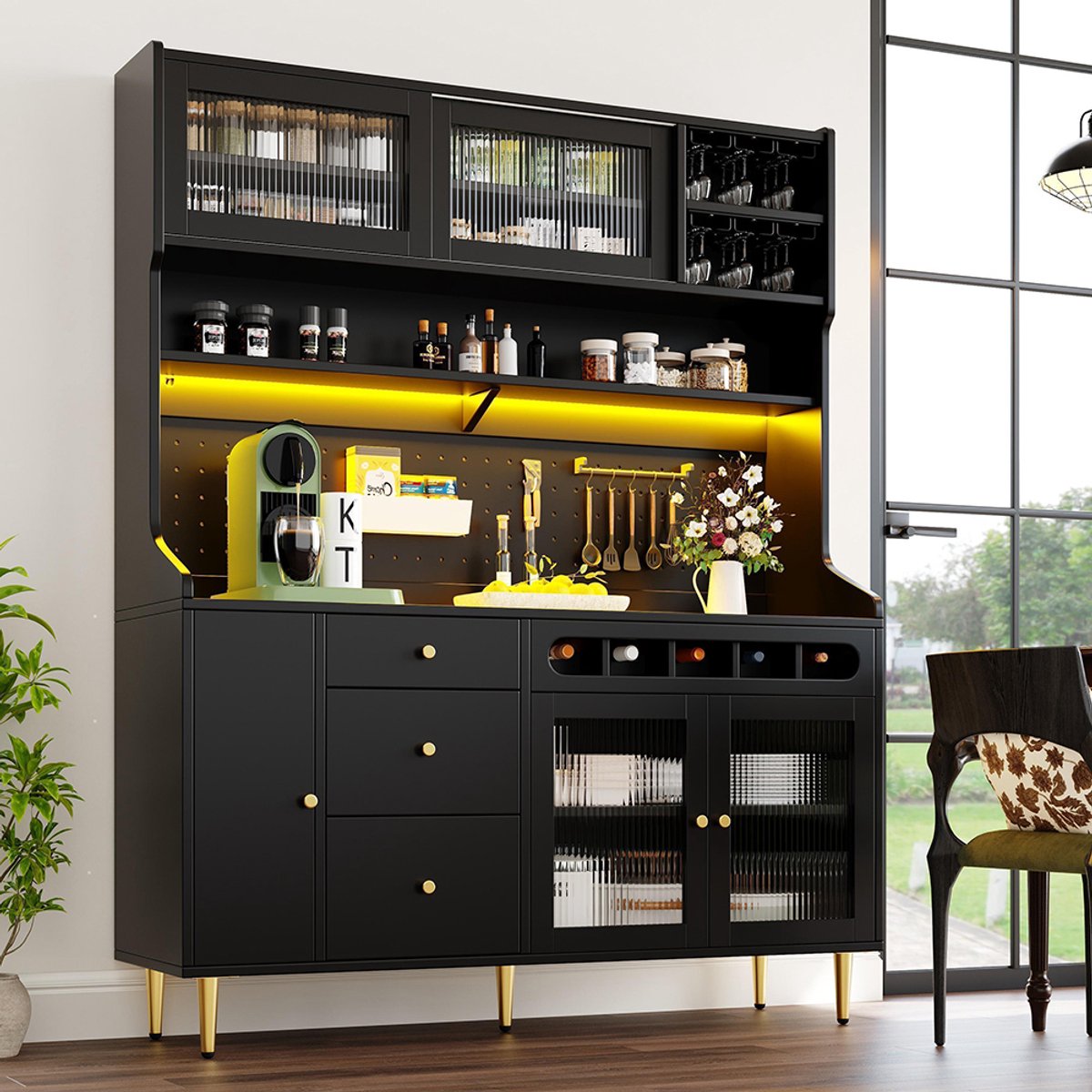 BLACKCOLORS Hoge kasten voor de woonkamer, keukenkasten, eetkamerkasten, woonkamerkasten met verstelbare planken, kasten met ledverlichting, lade met flessenrek, 145 × 39 × 171 cm, zwart