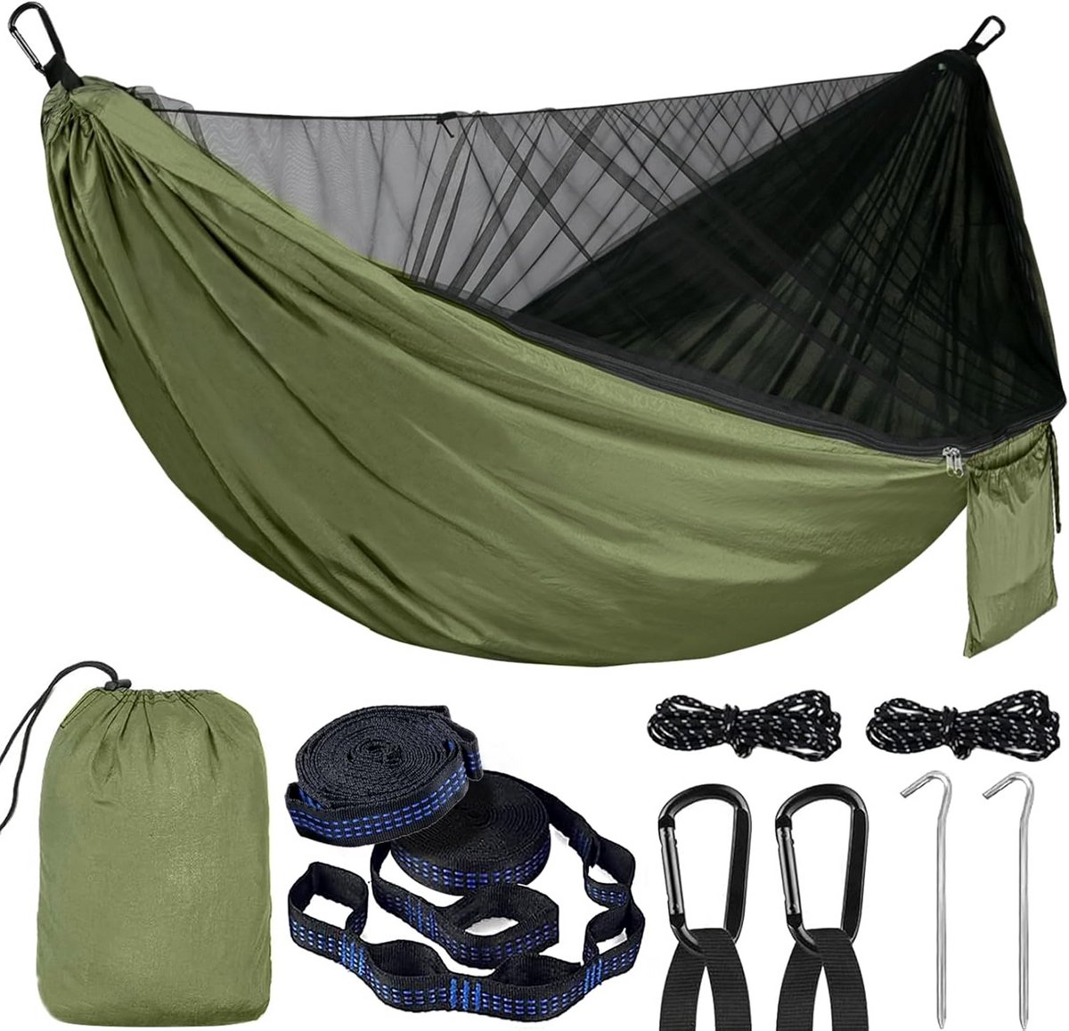 Campinghangmat met muskietennet - 200 kg draagvermogen - 270 x 140 cm - Nylon - Ademend - Sneldrogend - Compleet accessoirespakket - Reishangmat