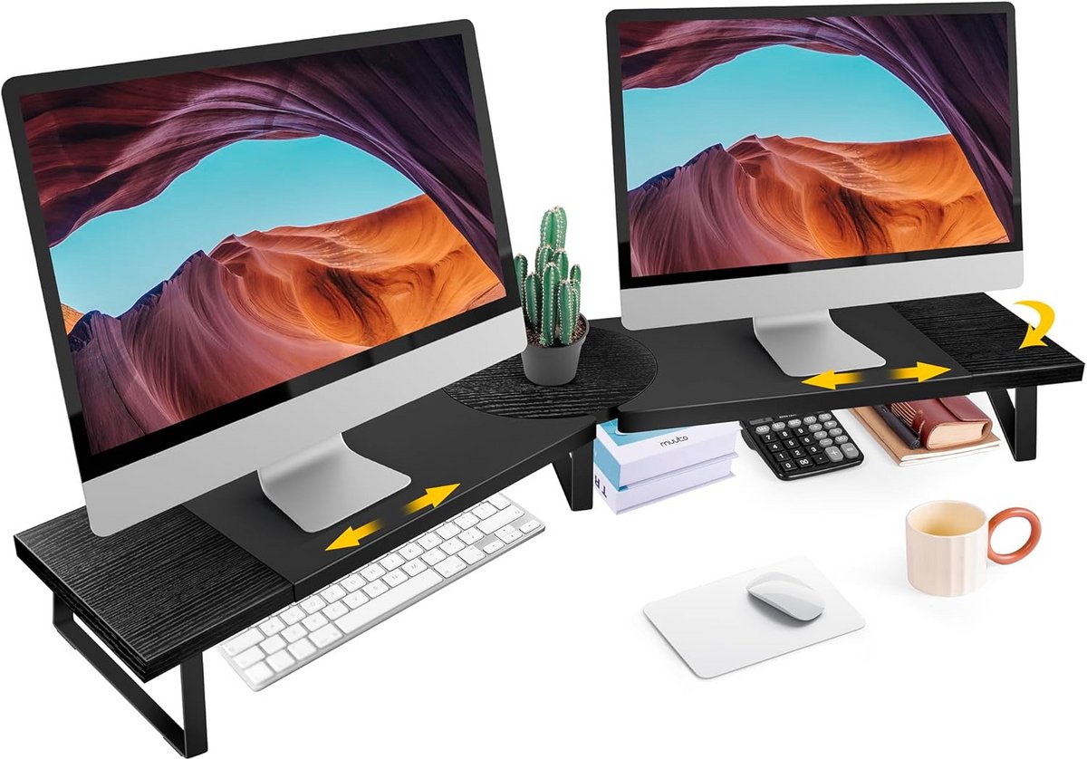 Verstelbare Dubbele Monitorverhoger voor 2 Beeldschermen - Bureau Organisatie Riser voor Monitor, Laptop en Printer