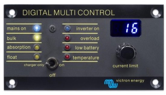 Zwart bedieningspaneel met deksel met tekst: 'DIGITAL MULTI CONTROL', LED's voor 'mains on', 'bulk', 'absorption', 'float', 'charger only', 'on/off', 'inverter on', 'overload', 'low battery', 'temperature', digitale display '16', draaiknop 'current limit', Victron Energy logo.