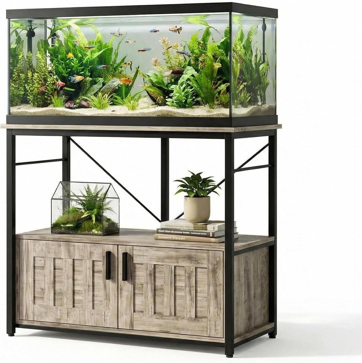 Robuust Aquarium Meubel - Aquariumkast met Opbergruimte voor 150-190 Liter - Dubbele Stelling - Draagkracht 300 kg - Grijs- 93x48 cm