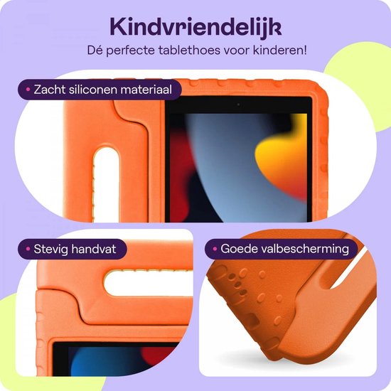Oranje HappyCase tablethoes: kindvriendelijk, zacht siliconen materiaal, stevig handvat en goede valbescherming.