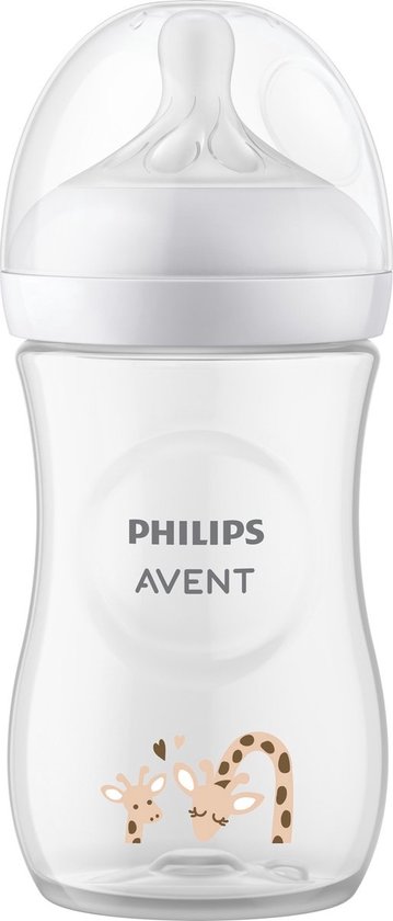Transparante Philips Avent babyfles met giraffenprint en witte speen.