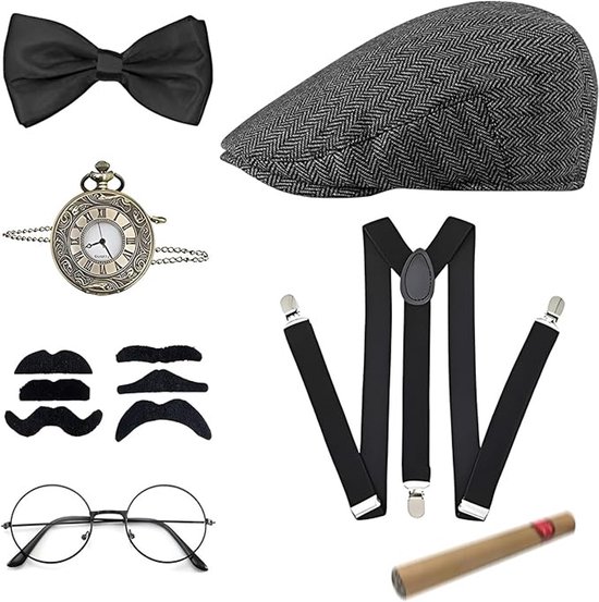 Tenue Mafia années 1920 - Ensemble Peaky Blinders - Chapeau Panama Montre de Gousset Nœud Papillon Fausses Moustaches Autocollantes - 7 Pièces - Carnaval Halloween Noir
