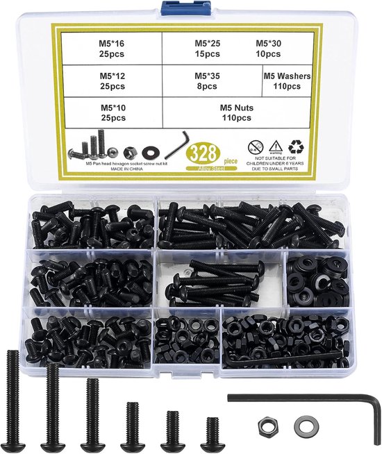 256-delige M5 Schroeven Set – Zwarte Ronde Kop Inbusschroeven Met Moeren En Ringen, Incl. Inbussleutel, Voor Meubels, Elektronica En Mechanische Montage