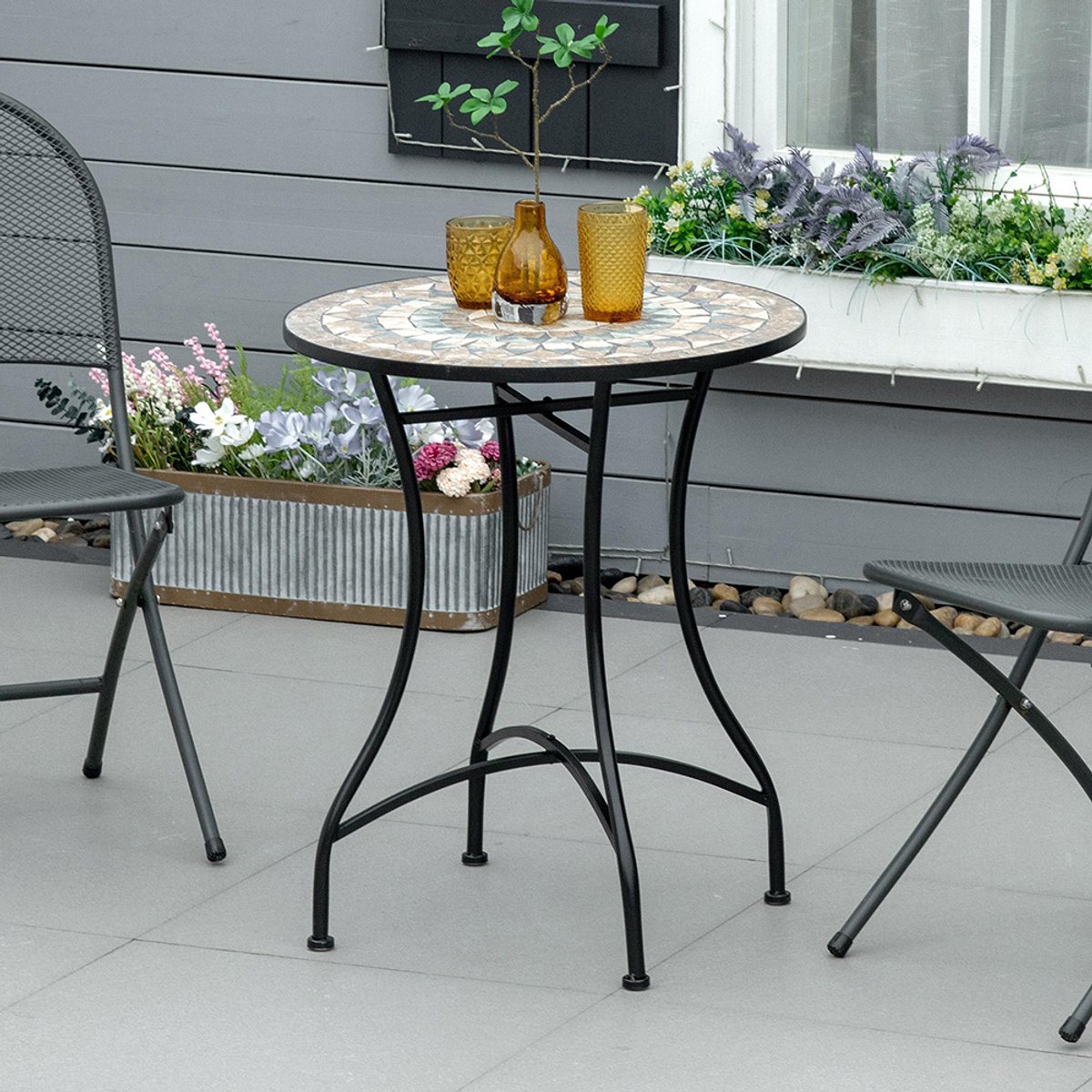 Pugsdrly Tuintafel Mozaïektafel rond Bistrotafel Bijzettafel met mozaïekblad Keramiek Metaal Groen + beige + wit Ø60 cm