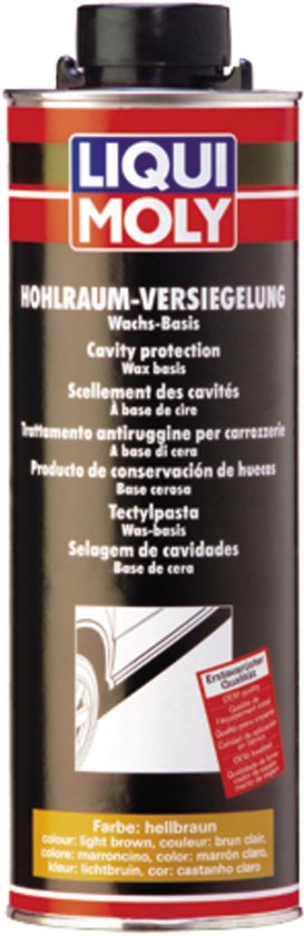 Boîte métallique de Liqui Moly Hohlraum-Versiegelung de couleur brun clair. La boîte indique "Wax-Basis" et "Farbe: hellbraun".