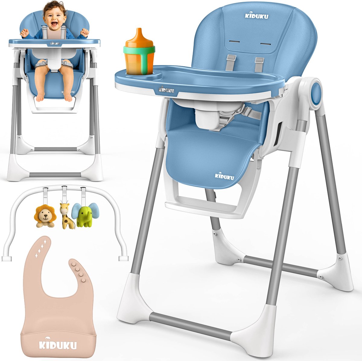 KIDUKU® Kinderstoel Baby 3-in-1 met Opzetstuk voor Pasgeborenen + Slabbetje | Opvouwbare Eetstoel met Speelboog | Verstelbare Evolutieve Kinderstoel met 7 Hoogteposities | 0-36 Maanden (Blauw)