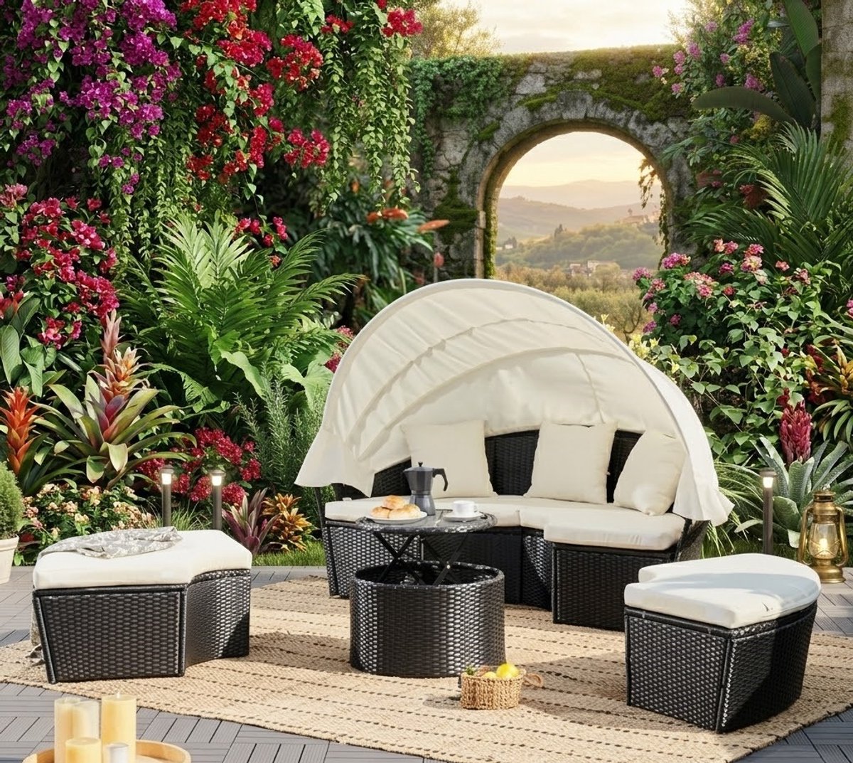 Luxe Polyrattan Zonne-eiland Loungestoel Ø185 cm met Opklapbare Zonnekap en Crème Kussens