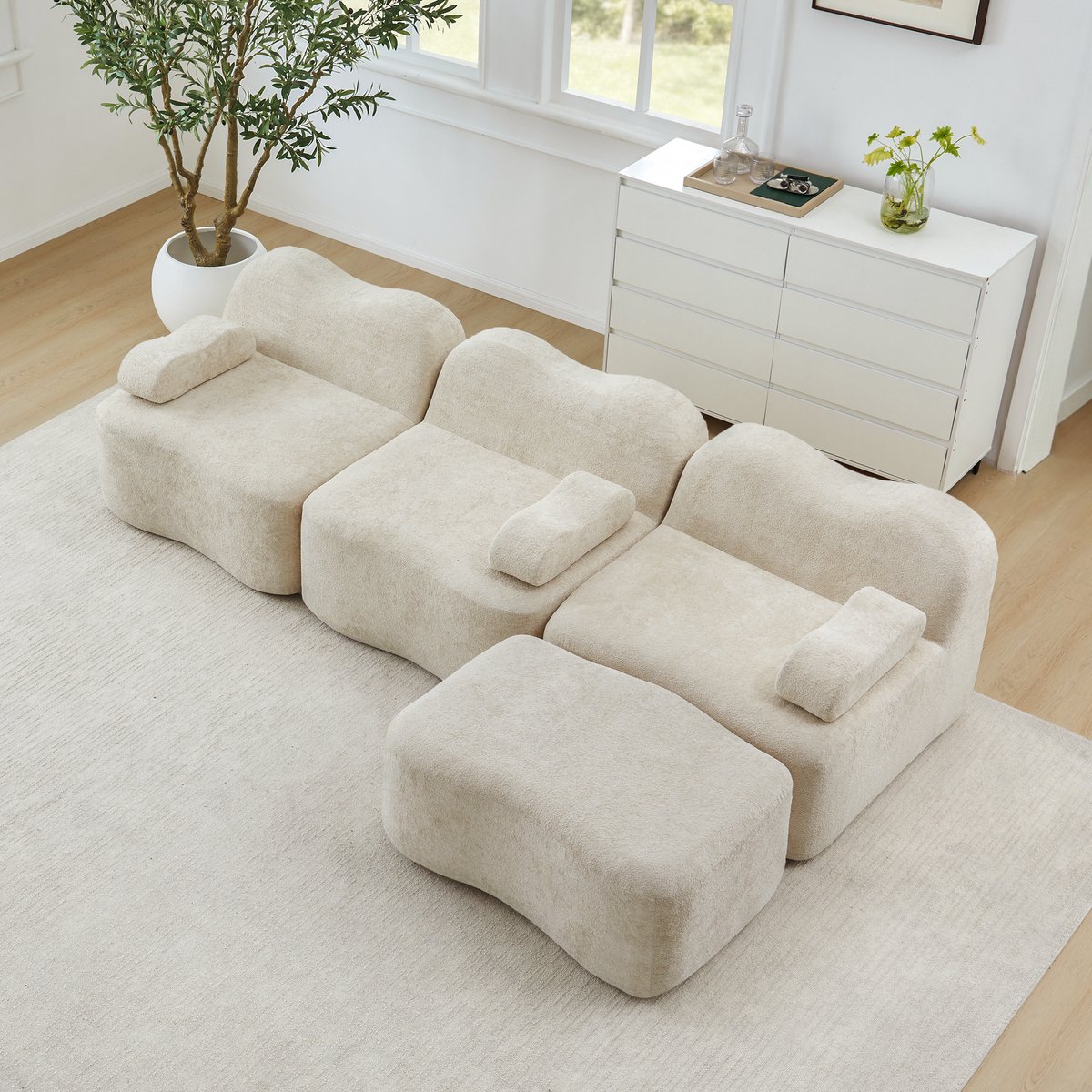 Modulaire hoekbank met 3 zitplaatsen – met 32D-schuim met hoge dichtheid – golvend ontwerp – diepe zitting – afneembare armleuningkussens – geschikt voor de woonkamer – beige