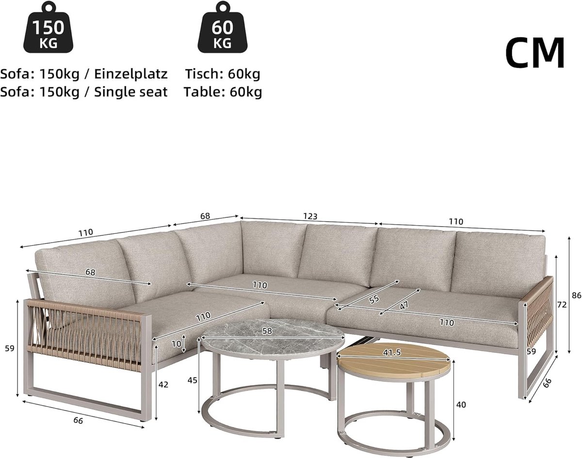 Tuinloungeset 6-7 Personen – Bellavero Luxe Hoekbank L-Vorm met 2 Tafels – Weerbestendige Lounge Set met Kussens, Verstelbare Poten & Touw Details – Moderne Tuinset voor Terras, Balkon & Tuin – Beige