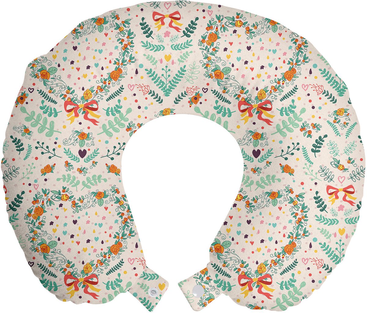 ABAKUHAUS Shabby Flora Reiskussen met Neksteun, Vintage Hartjes, Schuimrubberen Reisaccessoire voor Vliegtuig en Auto, 30x30 cm, Beige Mint