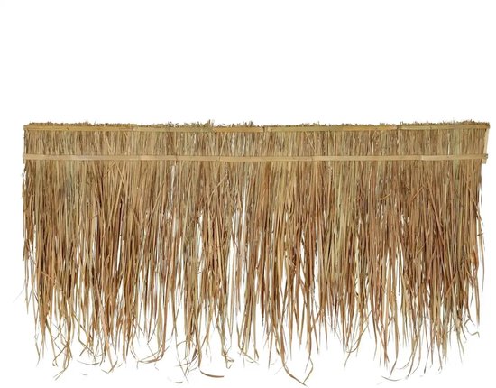 Een deel van een dakrand met lang, bruin riet dat naar beneden hangt.