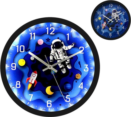 30cm Kinderklokken voor Slaapkamers - Stille Niet-Tikkende Quartz Decoratief Geluid - Geactiveerde Luminous Astronaut Reisklok - Ronde Wandklok voor Kinderkamer - Woonkamer - Klaslokaal