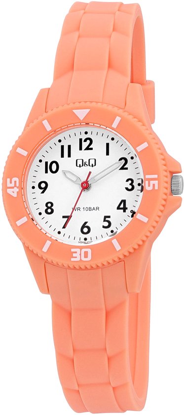 Oranje kinderhorloge met witte wijzerplaat, zwarte cijfers, rode secondewijzer en rubberen band.