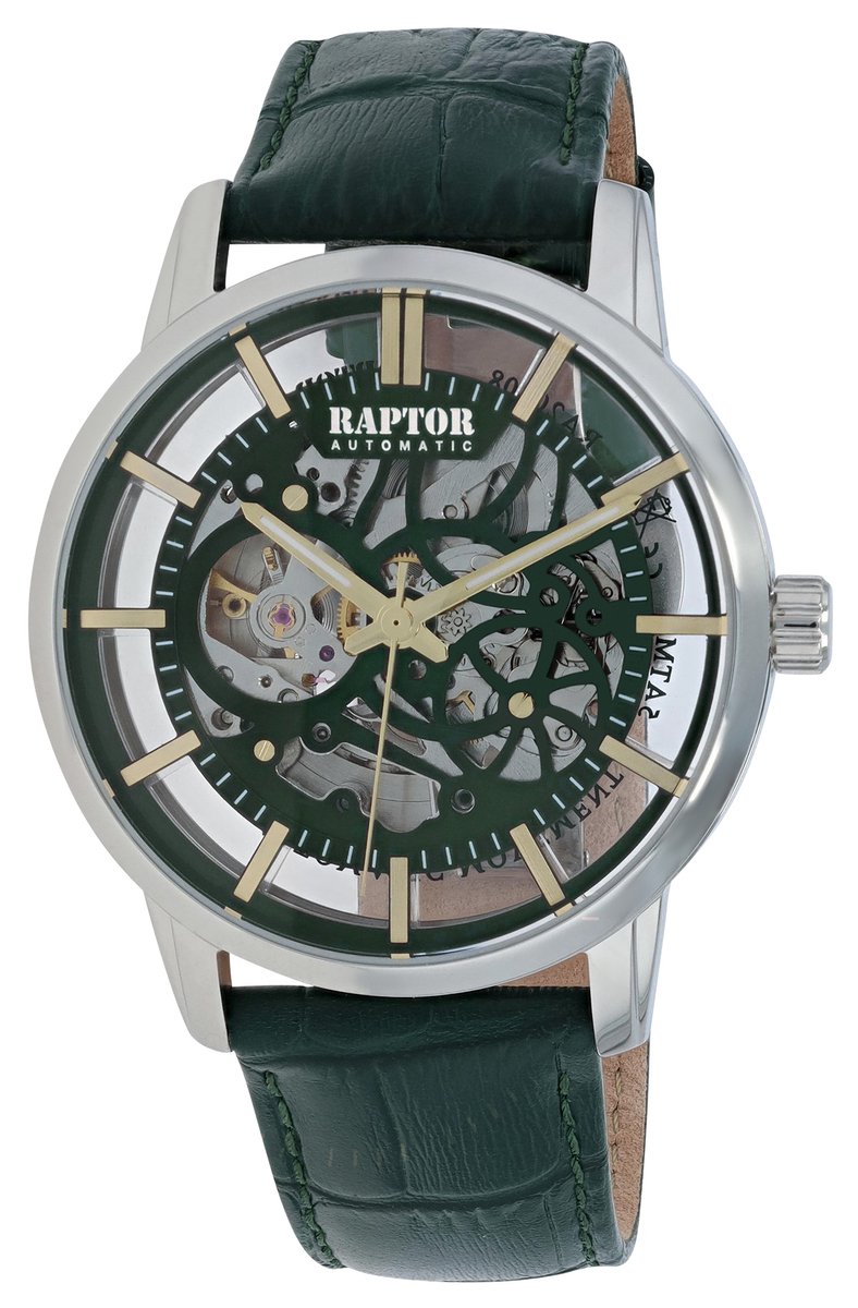 Raptor Herenhorloge van echt leer RA20408 Skeleton herenhorloge, automatisch, echt leer, 5 ATM