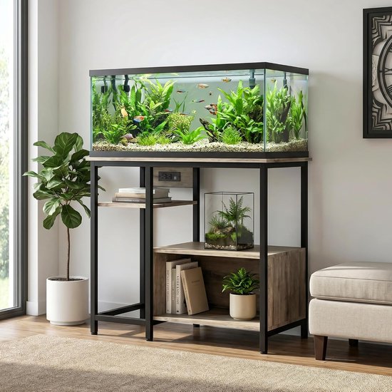 Robuust Aquarium Meubel met Stopcontacten (Exclusief Aquarium) - 150-190 Liter - 4 Open Planken - 300 kg Draagkracht - Hout & Metaal - 93x48x78 cm - Grijs
