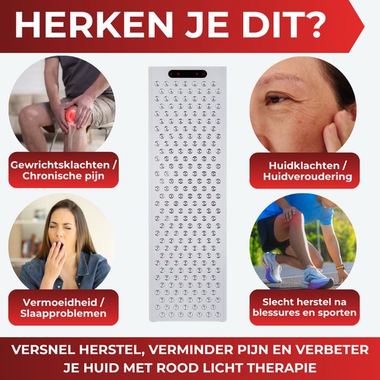 Afbeelding van een rood lichttherapiepaneel, omringd door vier illustraties die de voordelen aangeven: gewrichtsklachten, huidveroudering, vermoeidheid en blessureherstel.