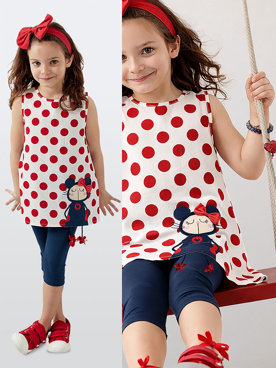 Denokids CFF-19Y1-043 Rode Meisjes Tuniek Leggings Set Gestippelde 116