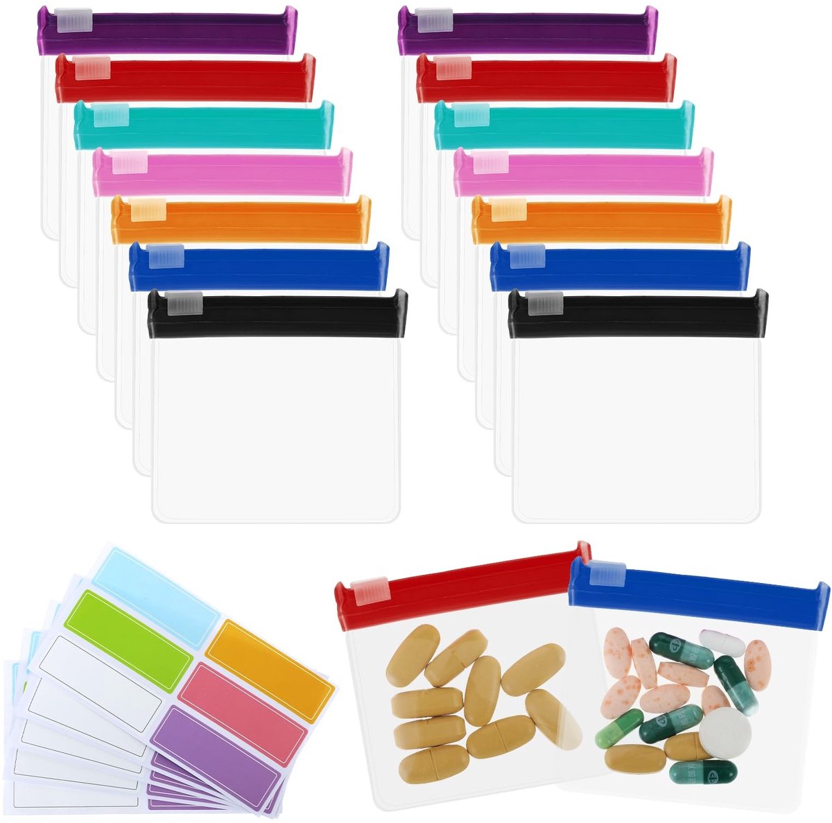 20-delige Set Pill Pouches met Labels | Reusable Reis Medicatie Organizer | Transparante EVA Pill Bags met Slide Lock