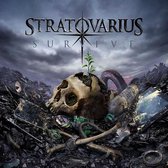 Albumhoes Stratovarius Survive: schedel met plantengroei, omringd door afval en een fietsband.