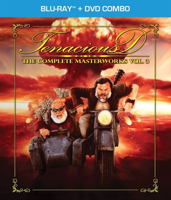 Jack Black en Kyle Gass rijden op een motor met zijspan voor een exploderende nucleaire paddenstoelwolk. Tenacious D The Complete Masterworks Vol. 3 Blu-ray + DVD Combo.