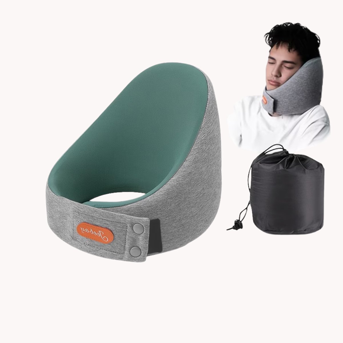 Turtle Neck Reiskussen – Ergonomisch Nekkussen met Memory Foam – Compact Opvouwbaar Vliegtuigkussen voor Auto, Bus & Trein – Grijs/Groen