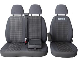 PREMIUM Autostoelhoes Set - Op maat gemaakt voor Ford Transit Custom vanaf 2024 - 3-persoons (2+1) - Met Toegang tot Tafel - Hoogwaardige Bekledingsstof - Zwart/Grijs