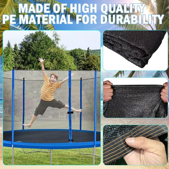 Jongens op trampoline, 'gemaakt van hoogwaardig PE-materiaal voor duurzaamheid'.