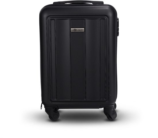 Zwarte Leonardo handbagagekoffer met ribbels, logo en vier wieltjes.