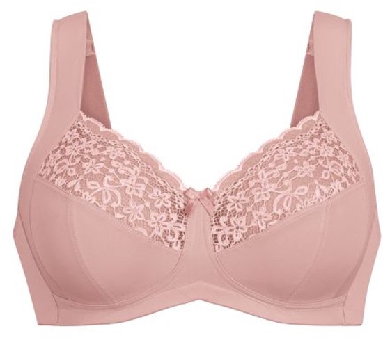 Een roze beugelloze bh met kant op de cups en een klein strikje in het midden. De bandjes zijn breed.