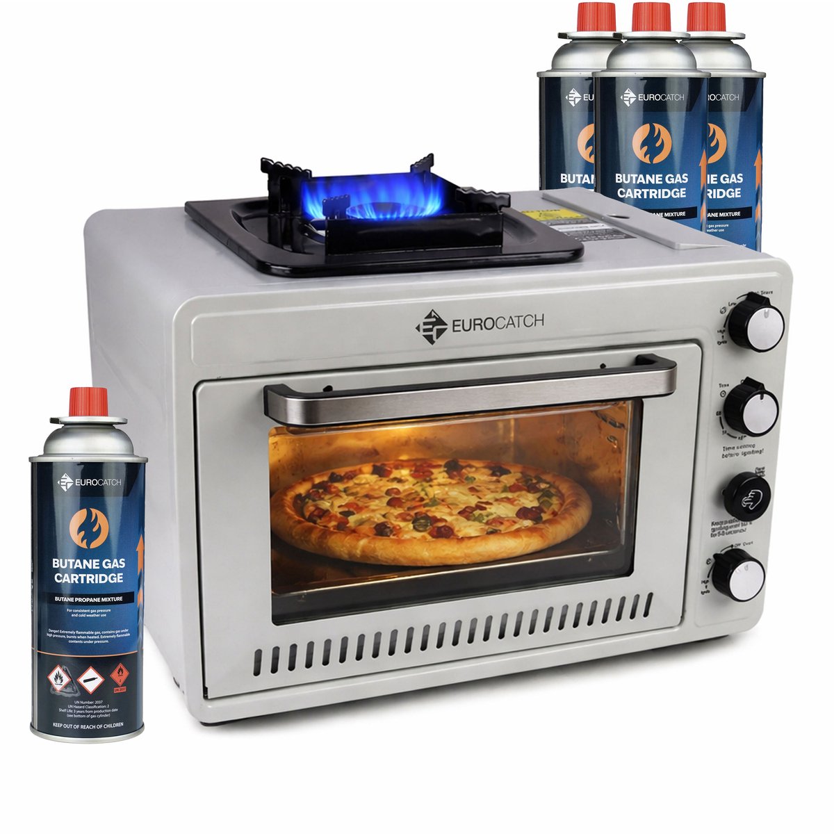Eurocatch Draagbare Gasoven op 227 g Gasbusjes - Camping Oven met Brander - 25,2 Liter - 2,1 kW - Elektronische Ontsteking - Outdoor & Thuisgebruik - incl. 4 gasbusjes