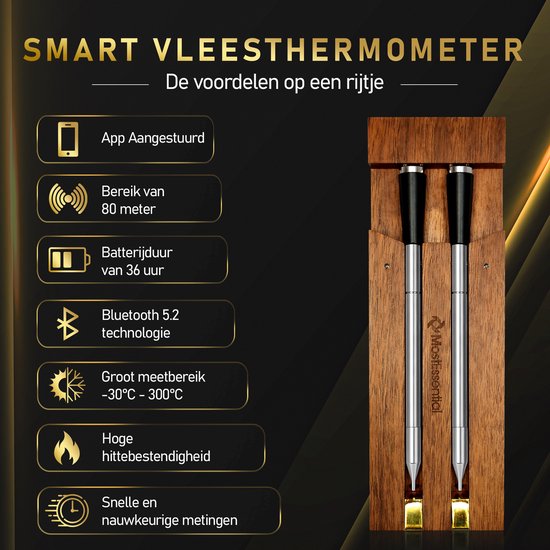 Een vleesthermometer in een houten kistje, magnetisch bevestigd aan een koelkast.
