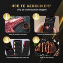 Vier stappen: rauwe biefstuk, thermometer in vlees, app-instellingen, gesneden gegrilde biefstuk.
