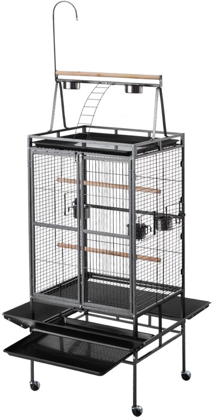 Grande cage à oiseaux, 830 x 790 x 2100 mm, sommet plat ouvert, construction robuste en fer forgé avec perchoirs, bac amovible, petits bols à graines en plastique, convient aux inséparables, perruches, perroquets et perroquets gris d'Afrique