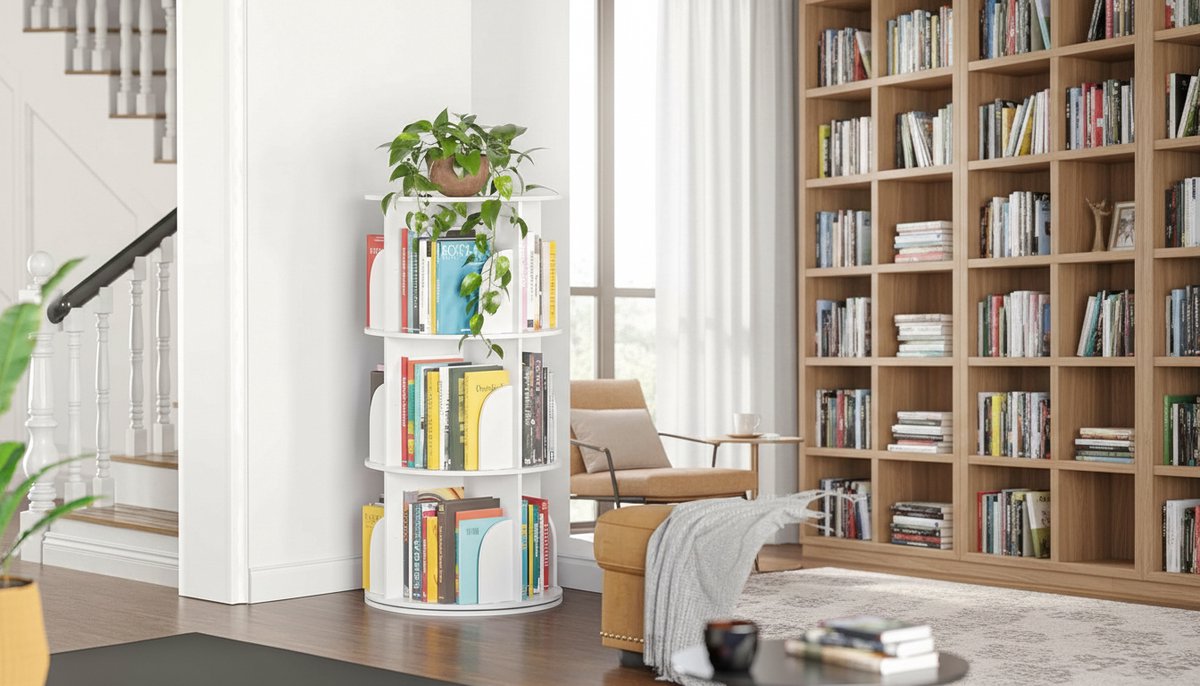 Boekenkast – House&Garden SpinTower 3-Vaks Draaibare Lazy Susan – 360° Rond Opbergkarussell – Wit – Compact, Ruimtebesparend en Modern – Draaibare Boekenkast voor Woonkamer, Slaapkamer & Kinderkamer