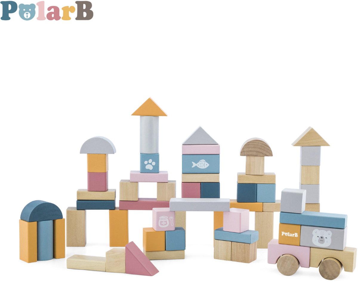 PolarB Houten Blokken Set 60-delig – Educatief Speelgoed – 7 Kleuren & 8 Vormen