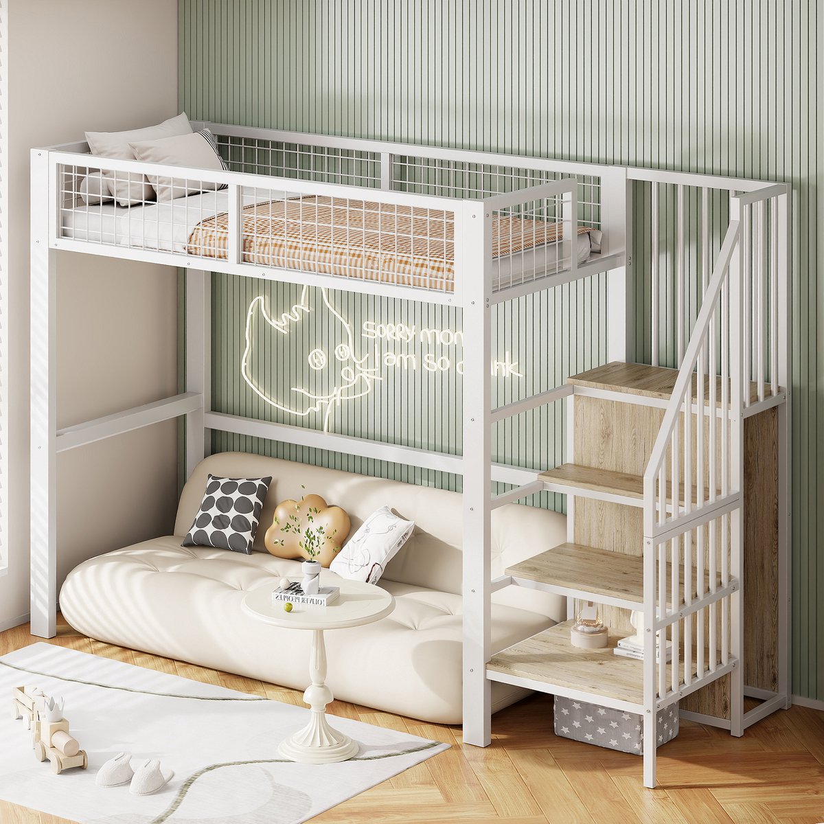 REDOM Hoogslaper – 90x200 cm – Met ladder & kledingkast – Metaal – Wit
