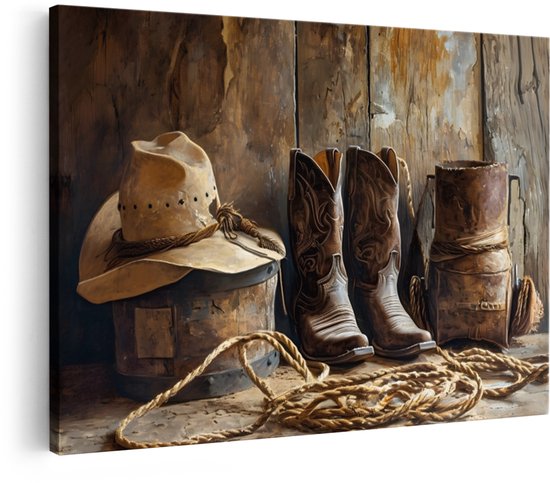 Een cowboyhoed rust op een houten kist, naast een paar cowboylaarzen en een touw, tegen een rustieke houten achtergrond.