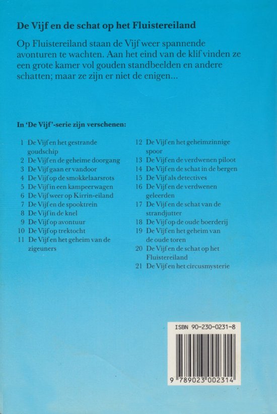 Boek De Vijf en de schat op het Fluistereiland met lijst van 21 verschenen 'De Vijf'-series.