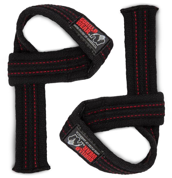 Zwarte lifting straps met rode stiksels en Gorilla Wear logo.